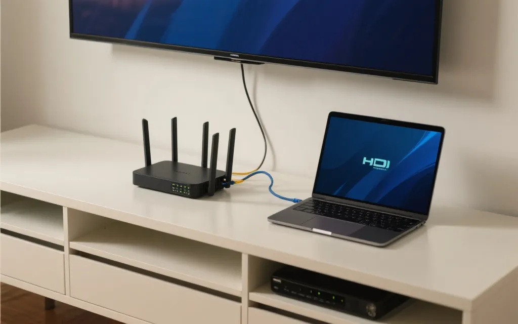 路由器、电视、笔记本通过网线与HDMI连接，构建稳定低延迟的观赛链路